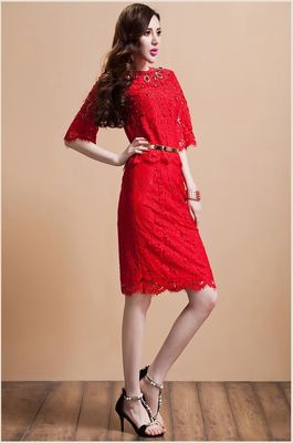 Cổ kim loại Belt kim cương hai chiếc váy prom mảnh cườm ren váy, đỏ / đen