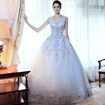Luxury Beaded Rhinestone váy cưới, phụ nữ vải tuyn sưng húp váy cưới